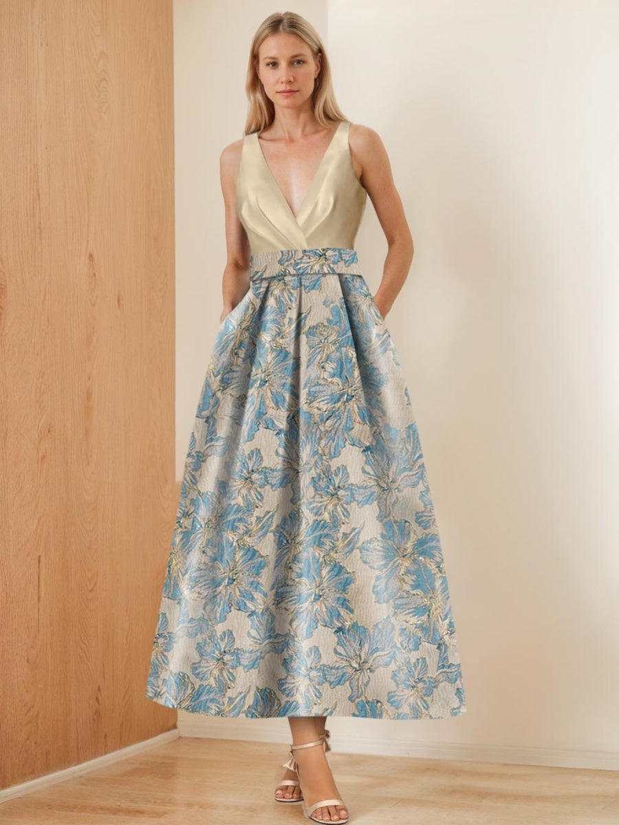 V-Neck Sleeveless A-Line Floral Ruched Mother Of The Bride Dress