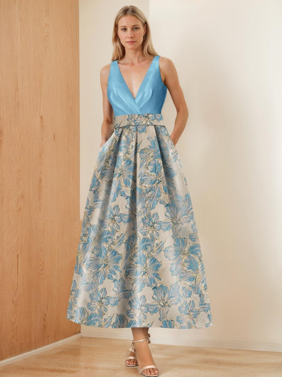 V-Neck Sleeveless A-Line Floral Ruched Mother Of The Bride Dress