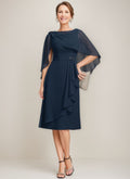 Tea Length Mother Of The Bride Sheath Dress With Detachable Beaded Cape Ruffles