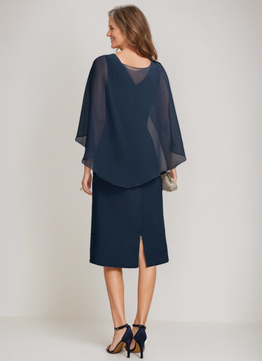 Tea Length Mother Of The Bride Sheath Dress With Detachable Beaded Cape Ruffles