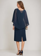 Tea Length Mother Of The Bride Sheath Dress With Detachable Beaded Cape Ruffles