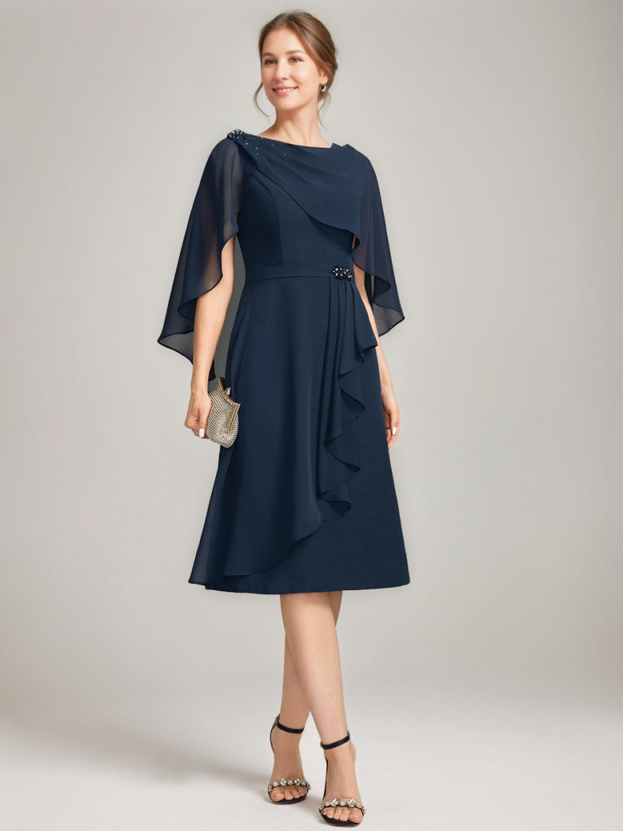 Tea Length Mother Of The Bride Sheath Dress With Detachable Beaded Cape Ruffles