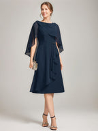Tea Length Mother Of The Bride Sheath Dress With Detachable Beaded Cape Ruffles