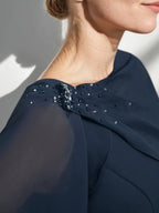 Tea Length Mother Of The Bride Sheath Dress With Detachable Beaded Cape Ruffles