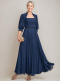 Queen Anne Neckline Aline Mother of the Bride Ankle Dress with Pleats Beads