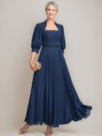 Queen Anne Neckline Aline Mother of the Bride Ankle Dress with Pleats Beads