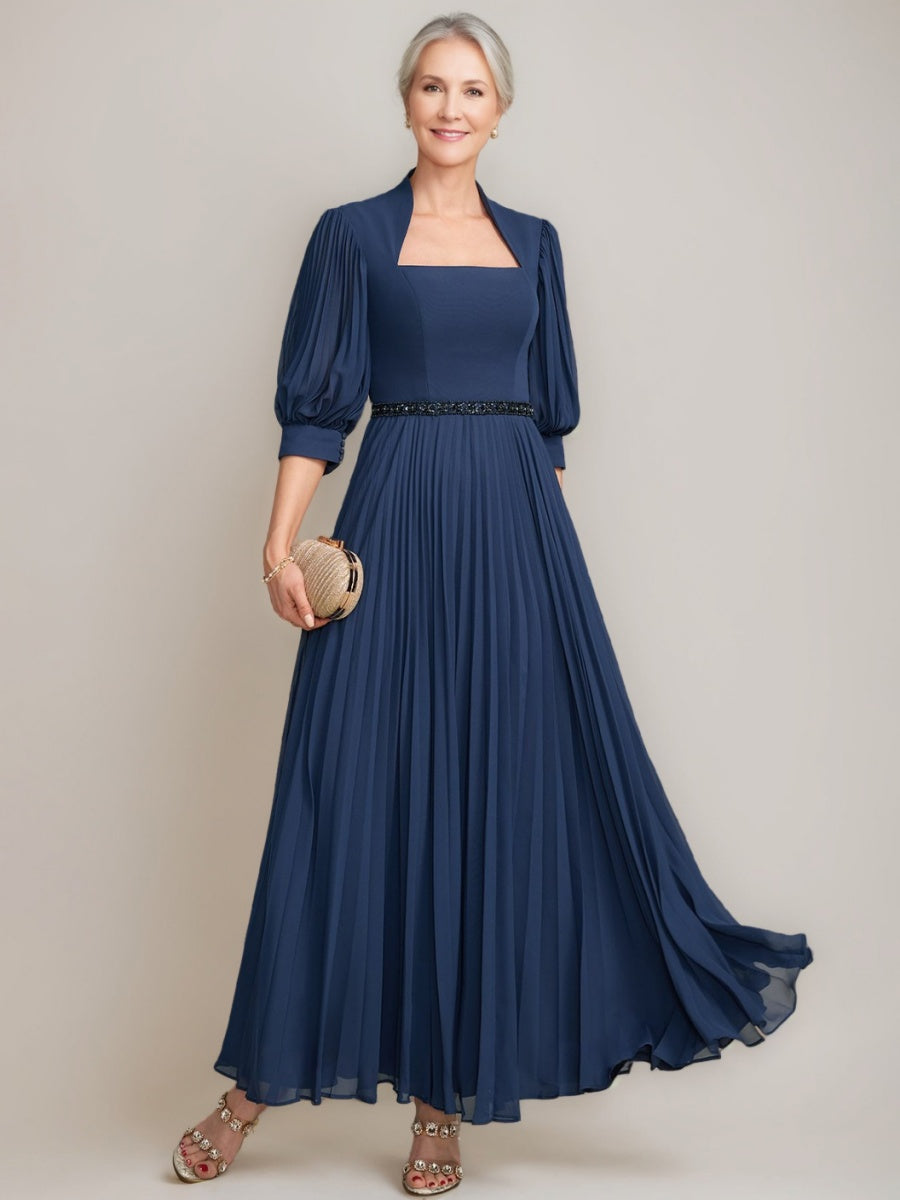 Queen Anne Neckline Aline Mother of the Bride Ankle Dress with Pleats Beads