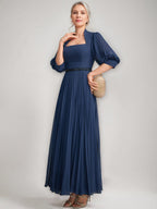 Queen Anne Neckline Aline Mother of the Bride Ankle Dress with Pleats Beads