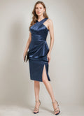 Knee Length Ruched Mother Of The Bride Dress With Ruffles And Side Slit