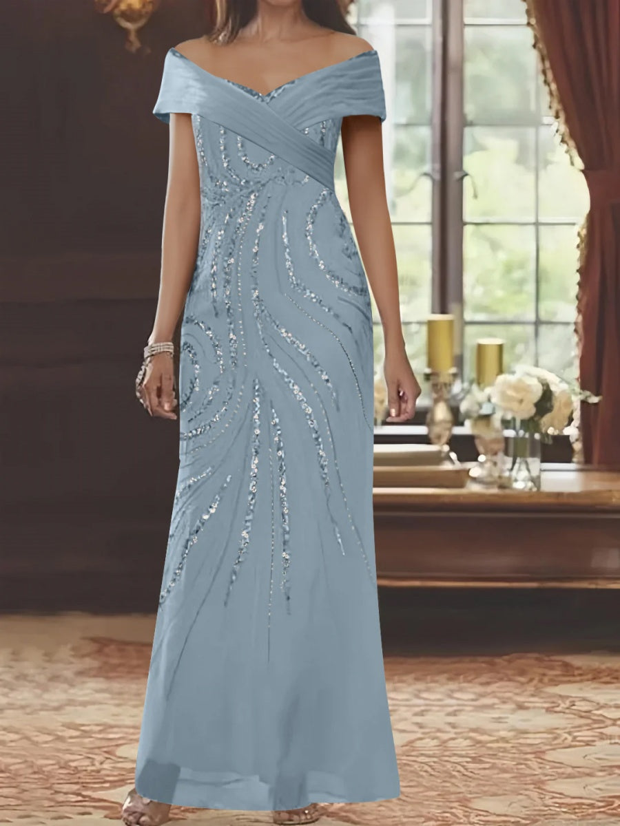 Off The Shoulder Sequined Floor Length Mother Of The Bride Dresses Sheath
