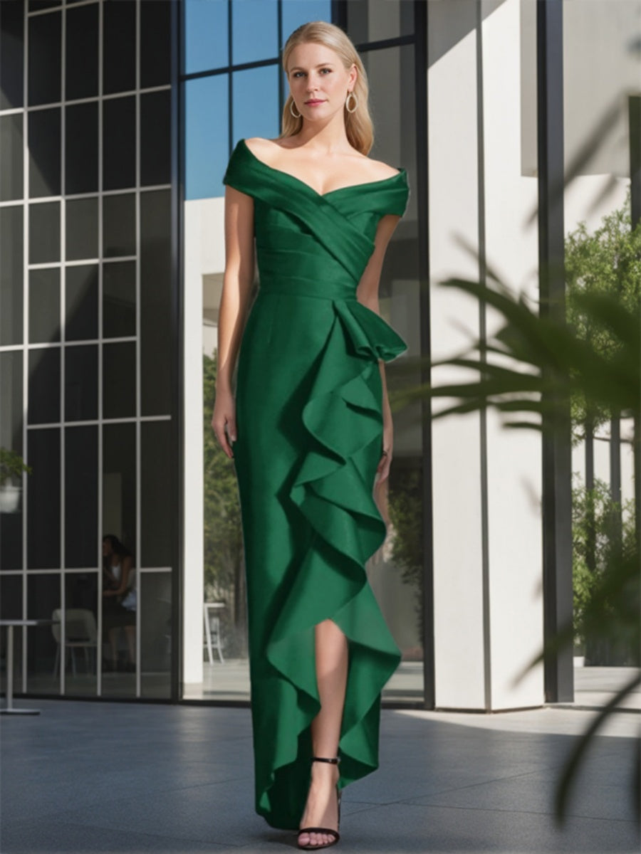Off Shoulder Sleeveless Pleated Asymmetrical Ruffled Dress For Mother Of Bride