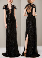 Sequined Plunge V Neck Floor Length Mother of the Bride Dress With Lace and Slit