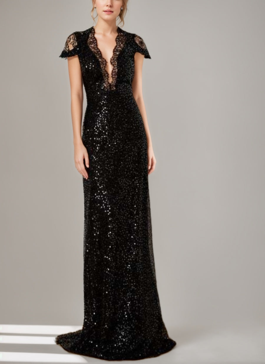 Sequined Plunge V Neck Floor Length Mother of the Bride Dress With Lace and Slit