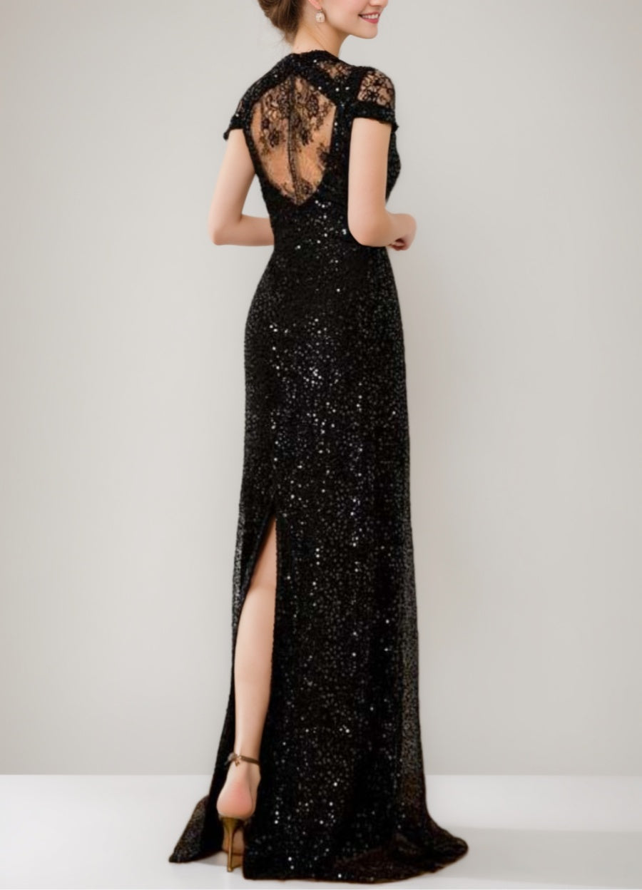 Sequined Plunge V Neck Floor Length Mother of the Bride Dress With Lace and Slit