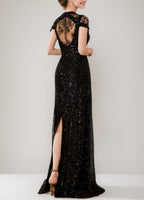 Sequined Plunge V Neck Floor Length Mother of the Bride Dress With Lace and Slit