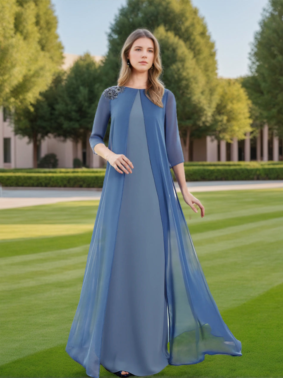 Floor Length A Line Mother Of The Bride Dress With Jewel Neckline Chiffon Cape