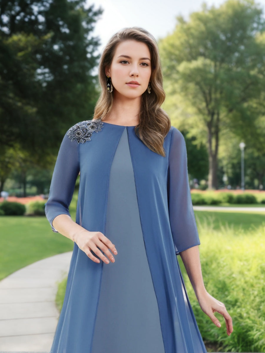 Floor Length A Line Mother Of The Bride Dress With Jewel Neckline Chiffon Cape