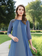 Floor Length A Line Mother Of The Bride Dress With Jewel Neckline Chiffon Cape