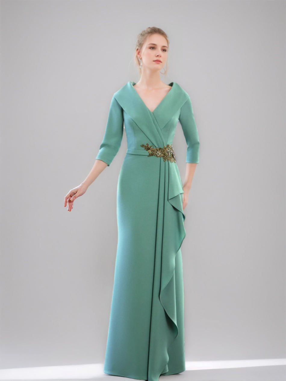 V Neck Three Quarter Sleeve Floor Length Mother Of The Bride Dress With Ruffles