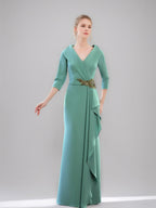 V Neck Three Quarter Sleeve Floor Length Mother Of The Bride Dress With Ruffles
