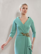 V Neck Three Quarter Sleeve Floor Length Mother Of The Bride Dress With Ruffles