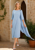 Tea Length Mother Of The Bride Dresses With Cape Jewel Appliques Half Sleeves