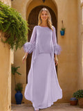 Floor Length Mother Of The Bride Dress With Cape Feathers And Jewel Neckline