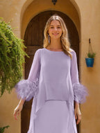 Floor Length Mother Of The Bride Dress With Cape Feathers And Jewel Neckline