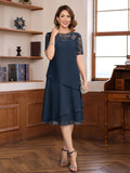 Short Sleeve Knee Length A Line Jewel Neck Dress For Mother Of Bride And Groom