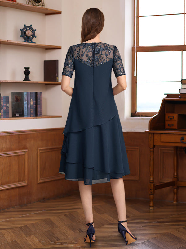 Short Sleeve Knee Length A Line Jewel Neck Dress For Mother Of Bride And Groom