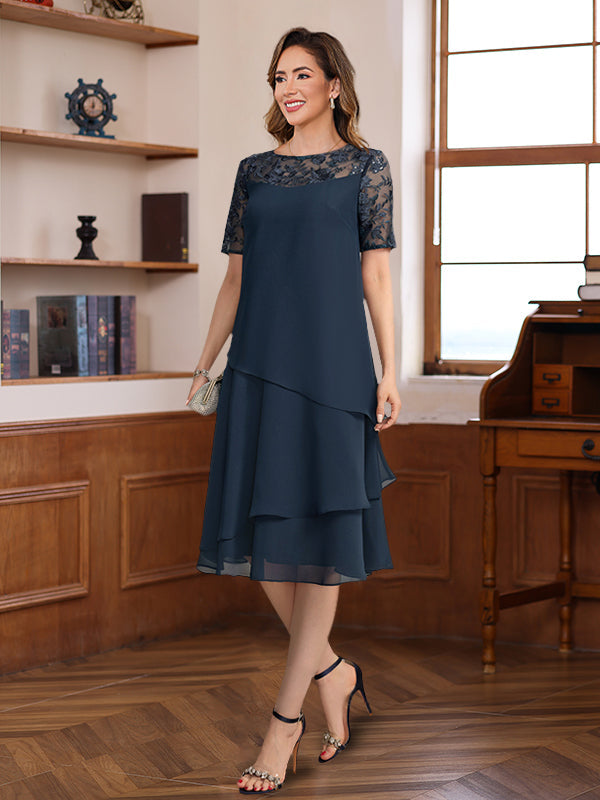Short Sleeve Knee Length A Line Jewel Neck Dress For Mother Of Bride And Groom