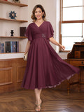 V Neck Dress For Mothers Of The Bride And Groom With Ruched Pleats