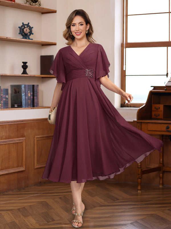V Neck Dress For Mothers Of The Bride And Groom With Ruched Pleats