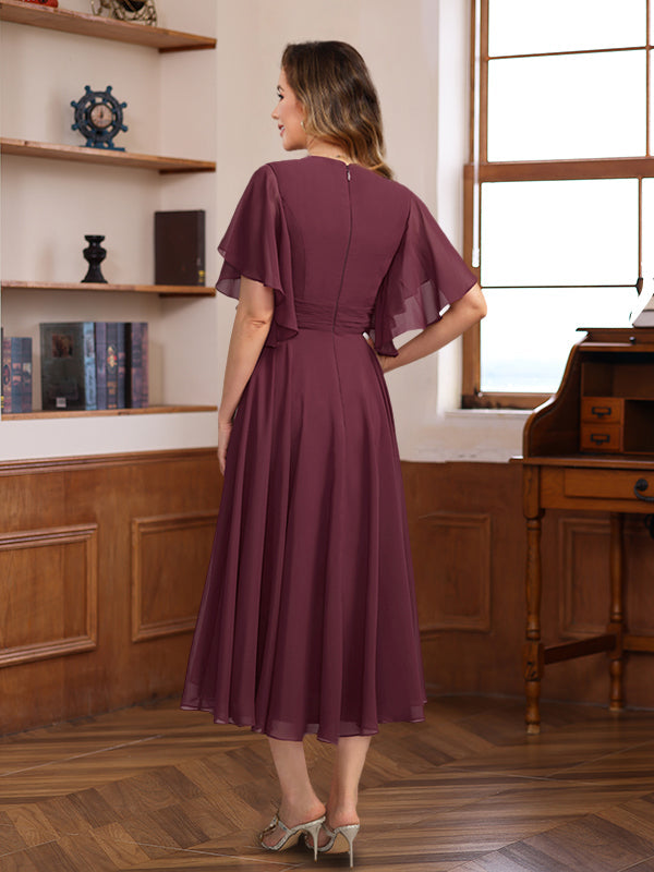 V Neck Dress For Mothers Of The Bride And Groom With Ruched Pleats