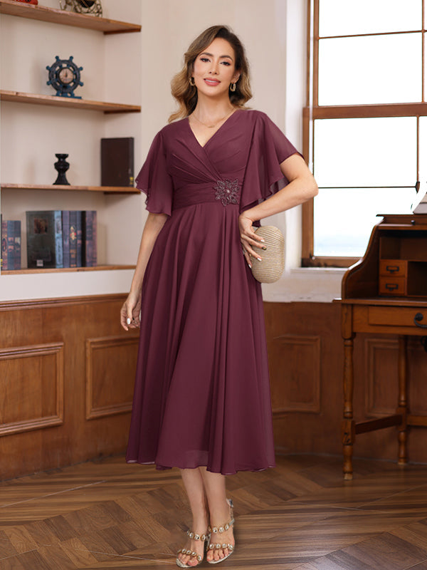 V Neck Dress For Mothers Of The Bride And Groom With Ruched Pleats