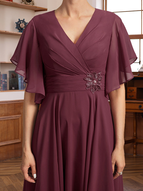V Neck Dress For Mothers Of The Bride And Groom With Ruched Pleats