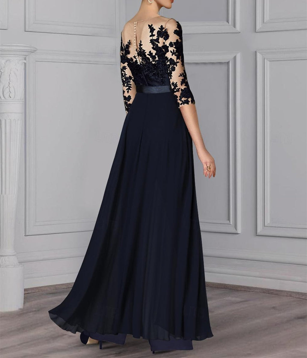 Princess Jewel Neck A-Line Floor-Length Mother of the Bride Pantsuit with Applique and 3/4 Sleeves