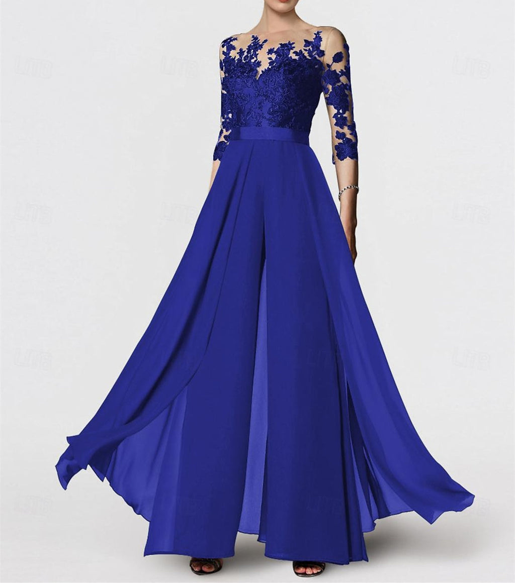 Princess Jewel Neck A-Line Floor-Length Mother of the Bride Pantsuit with Applique and 3/4 Sleeves