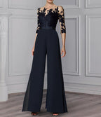 Princess Jewel Neck A-Line Floor-Length Mother of the Bride Pantsuit with Applique and 3/4 Sleeves