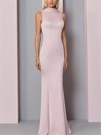High Neck Floor Length Pleated Sleeveless Evening Gown