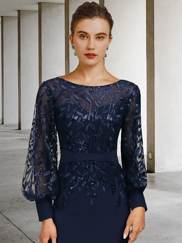 Sequined Floor Length Mother of the Bride Dress With Scoop Neck and Long Sleeves