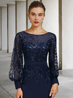 Sequined Floor Length Mother of the Bride Dress With Scoop Neck and Long Sleeves