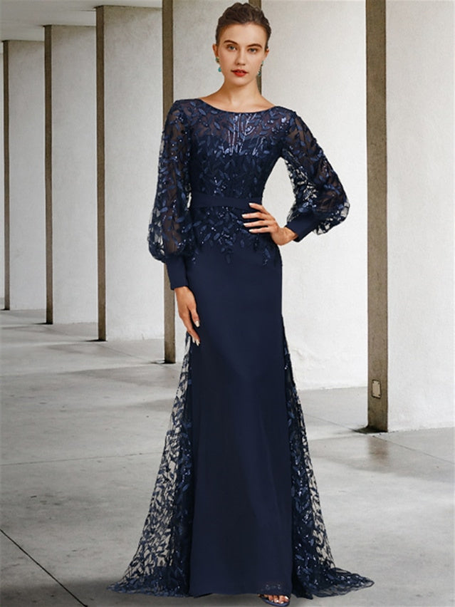 Sequined Floor Length Mother of the Bride Dress With Scoop Neck and Long Sleeves