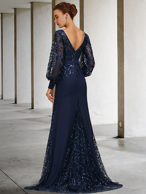 Sequined Floor Length Mother of the Bride Dress With Scoop Neck and Long Sleeves