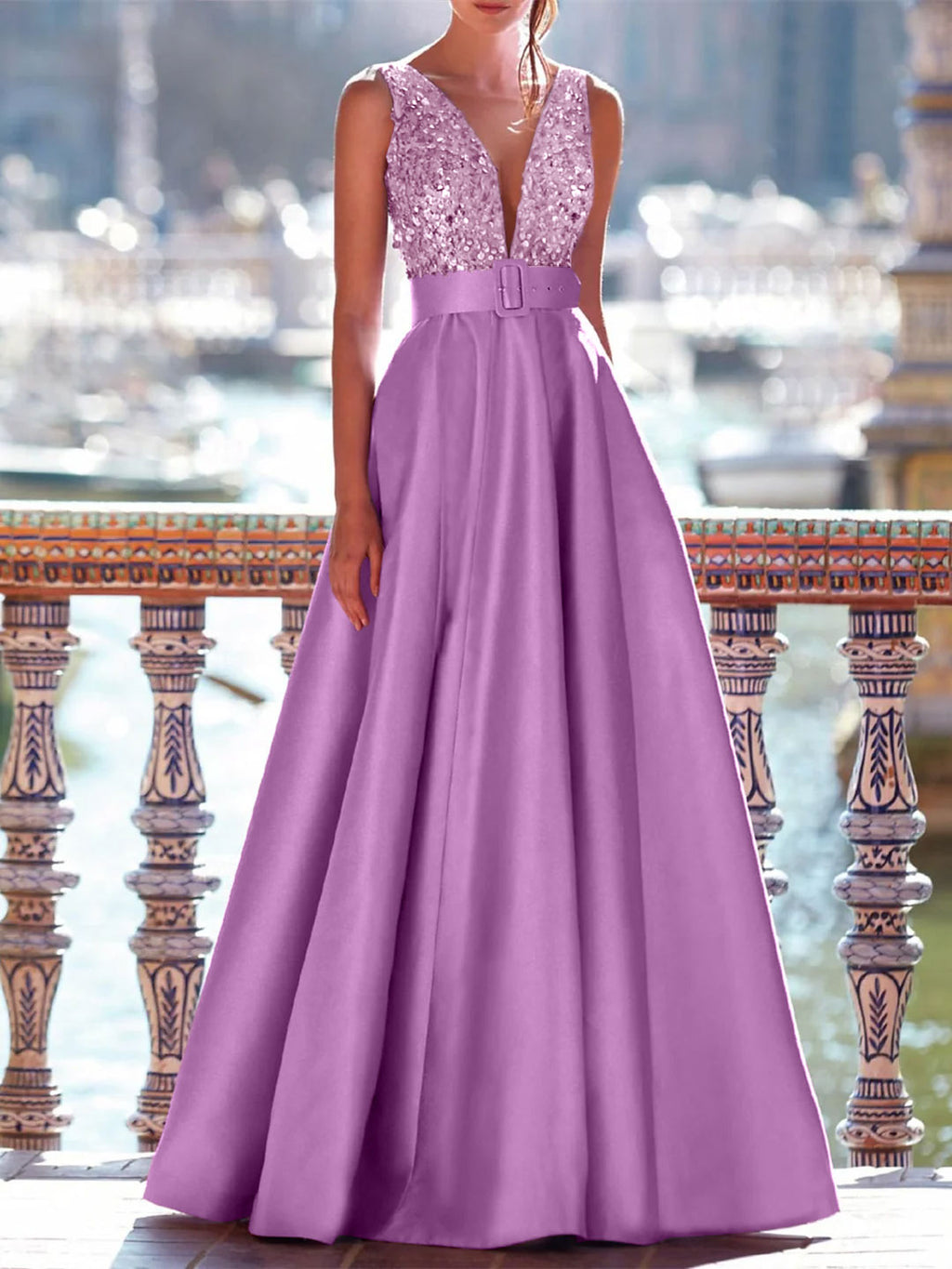 Sleeveless V Neck A Line Prom Dress With Pockets Floor Length Satin Pearls