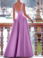 Sleeveless V Neck A Line Prom Dress With Pockets Floor Length Satin Pearls