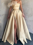 One Shoulder Satin Prom Dress With Feather Slit A Line Floor Length
