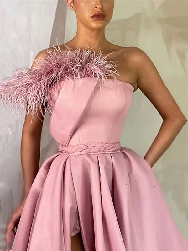 One Shoulder Satin Prom Dress With Feather Slit A Line Floor Length