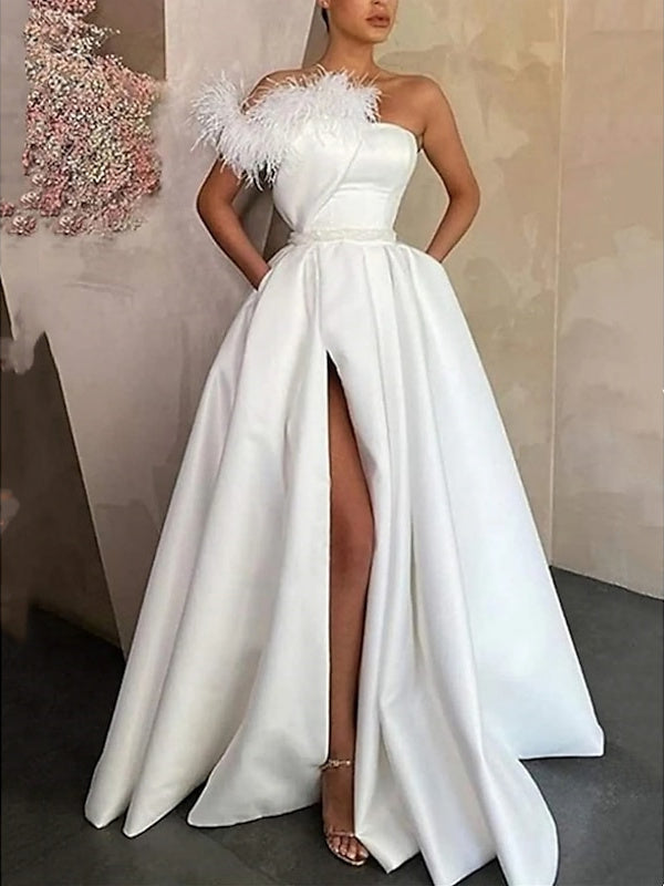 One Shoulder Satin Prom Dress With Feather Slit A Line Floor Length