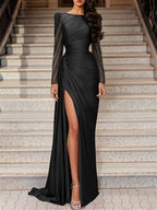 Long Sleeve Satin Prom Dress With Mermaid Train Jewel Neck Ruched Slit